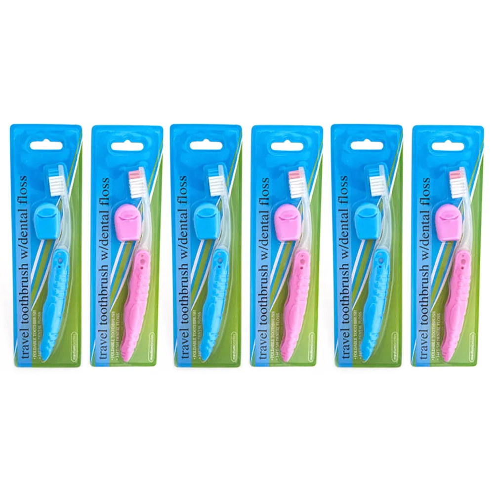 6 Travel Toothbrushes Compact Brush Folds Dental  6 Floss Camping Hike Oral Care