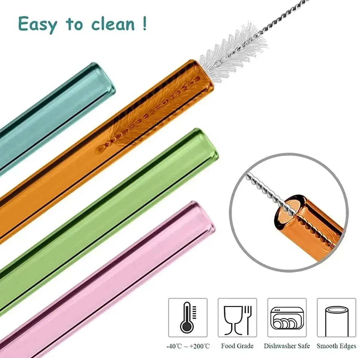 8 Piece Reusable Glass Straws For Smoothies & Cocktails With Brushes