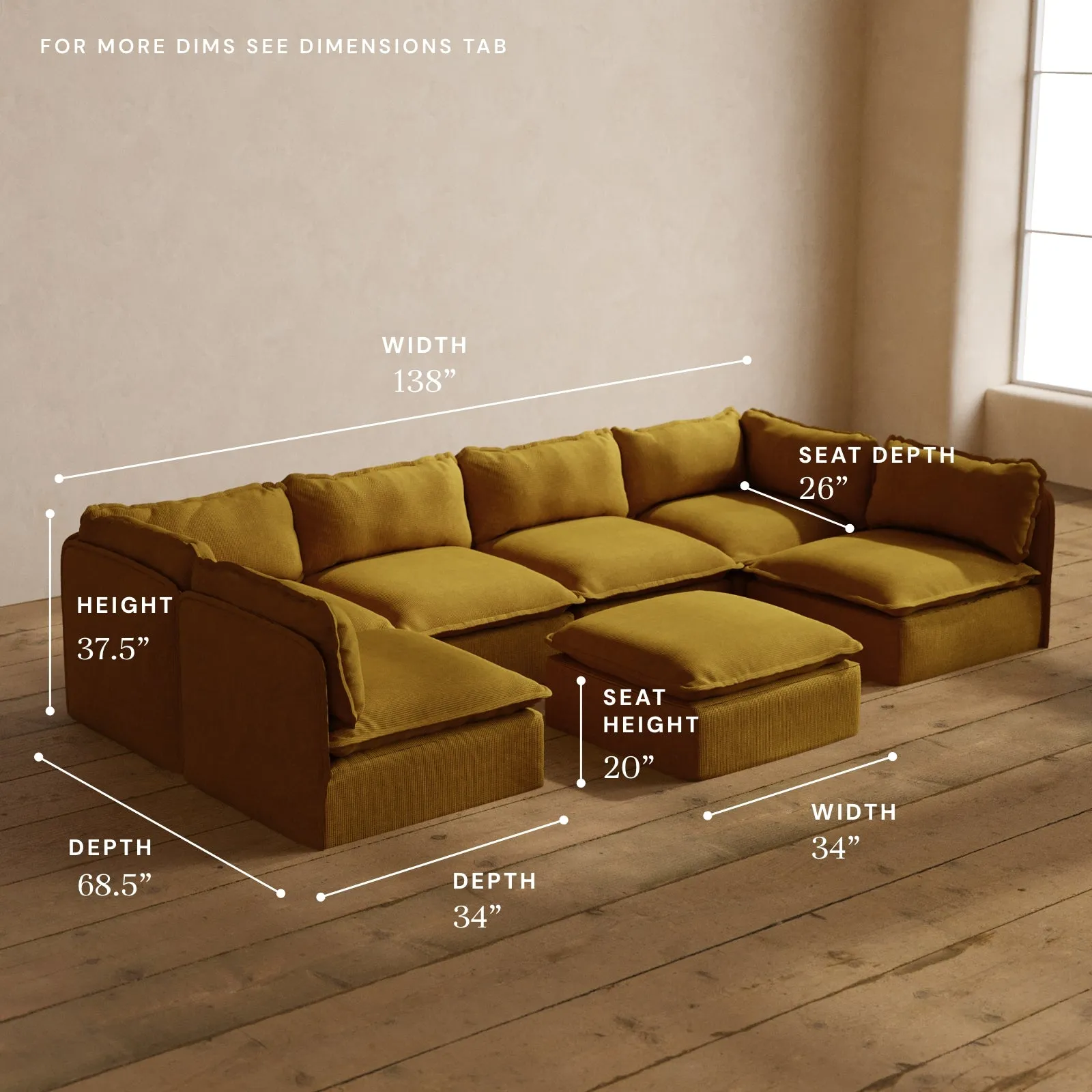 Modular Washable 6-Seater Open-Ends U-Sectional   Ottoman in Kiiro | Deluxe  Seat | Cloud Pillow