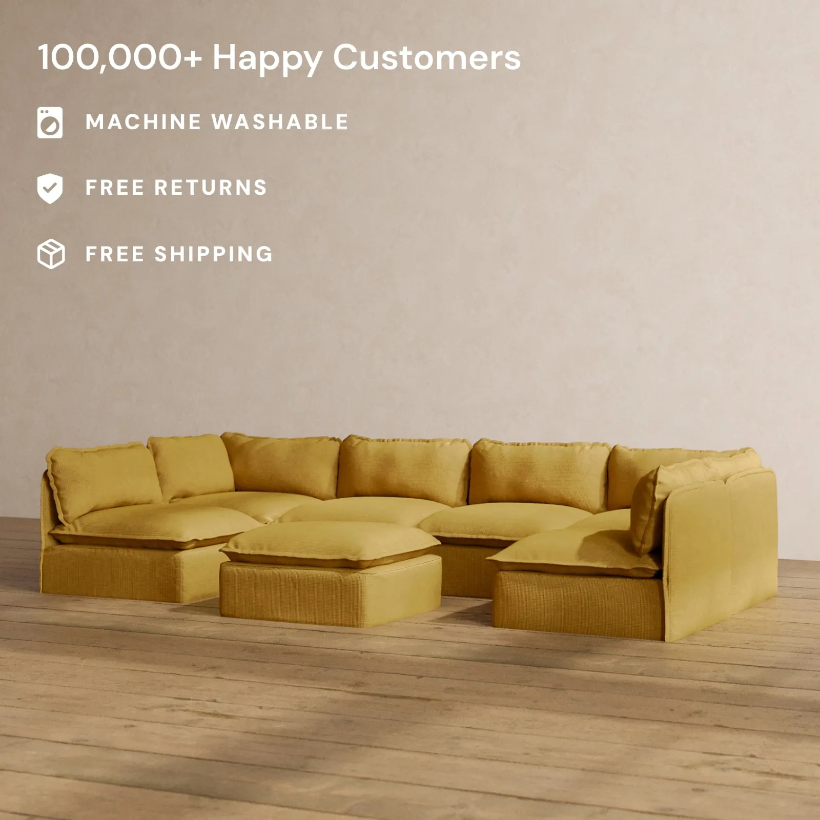 Modular Washable 6-Seater Open-Ends U-Sectional   Ottoman in Kiiro | Deluxe  Seat | Cloud Pillow