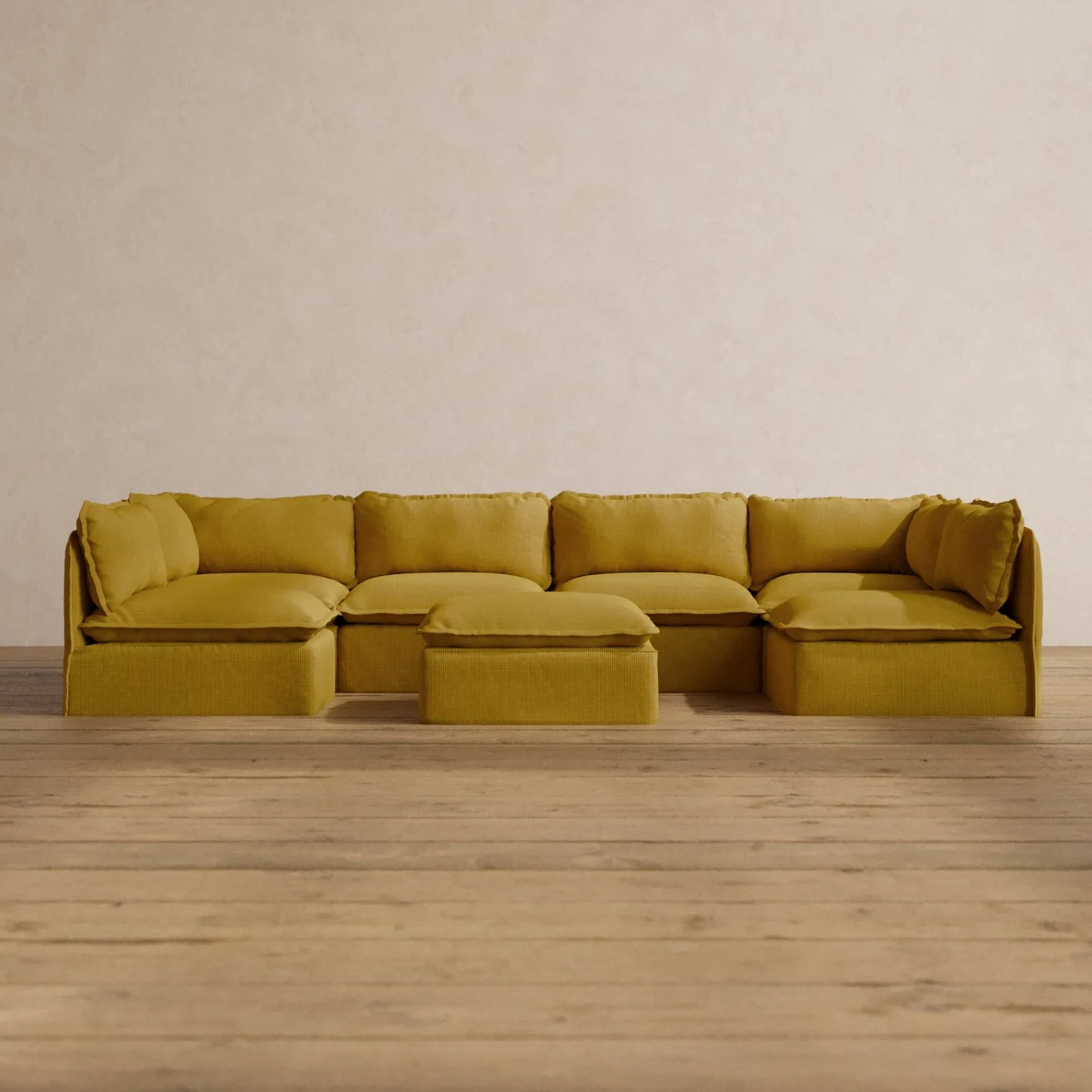 Modular Washable 6-Seater Open-Ends U-Sectional   Ottoman in Kiiro | Deluxe  Seat | Cloud Pillow