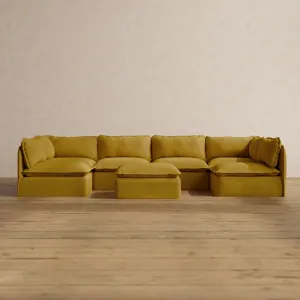 Modular Washable 6-Seater Open-Ends U-Sectional   Ottoman in Kiiro | Deluxe  Seat | Cloud Pillow