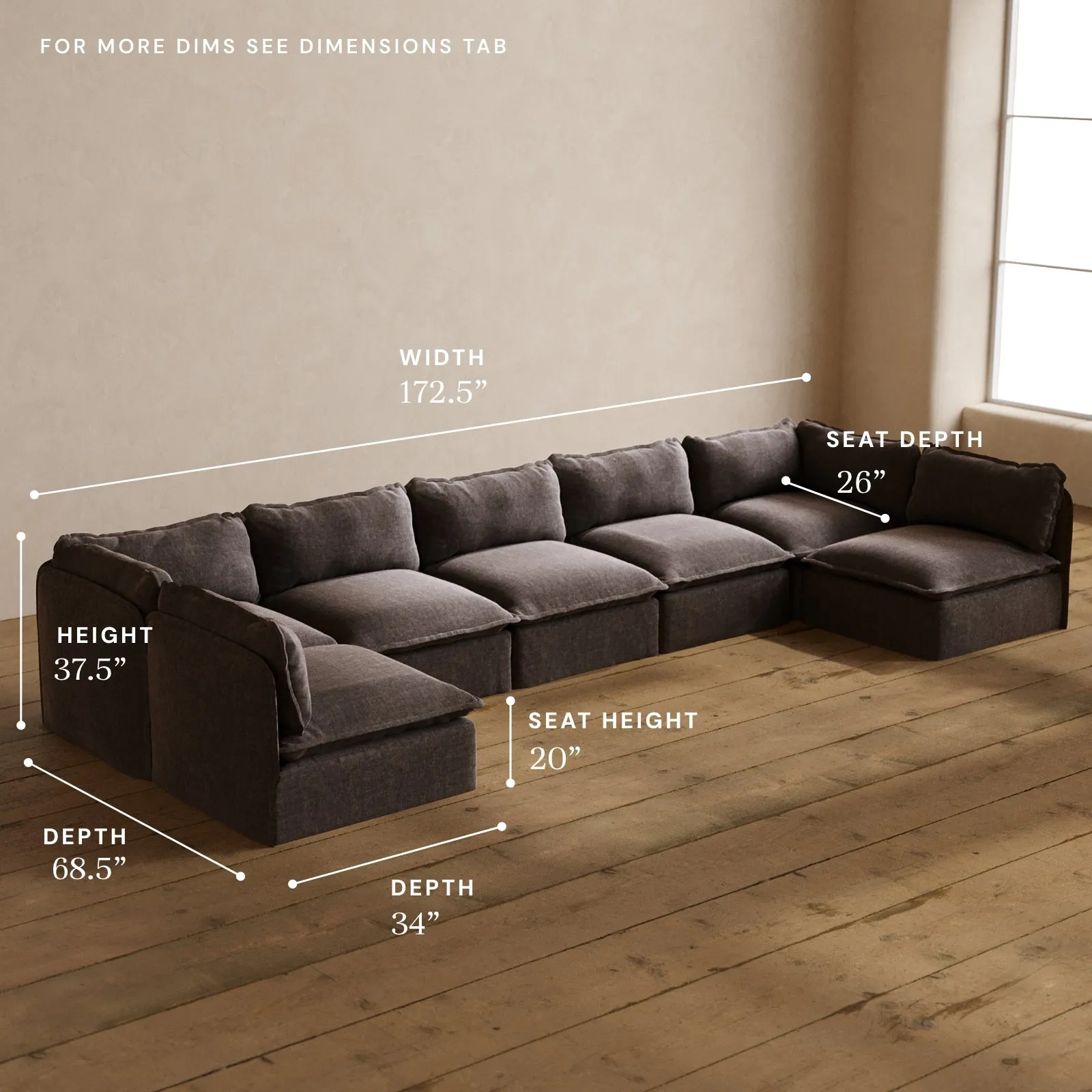 Modular Washable 7-Seater Open-Ends U-Sectional in Caviar | Memorix  Seat | Cloud Pillow