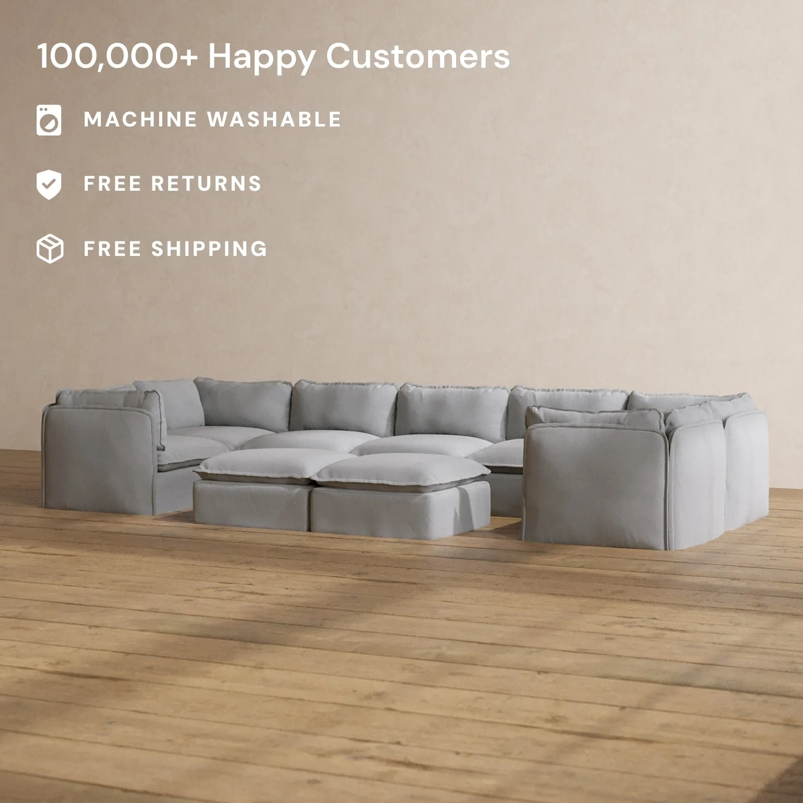 Modular Washable 7-Seater U-Sectional   Bench Ottoman in Pumice | Memorix  Seat | Cloud Pillow