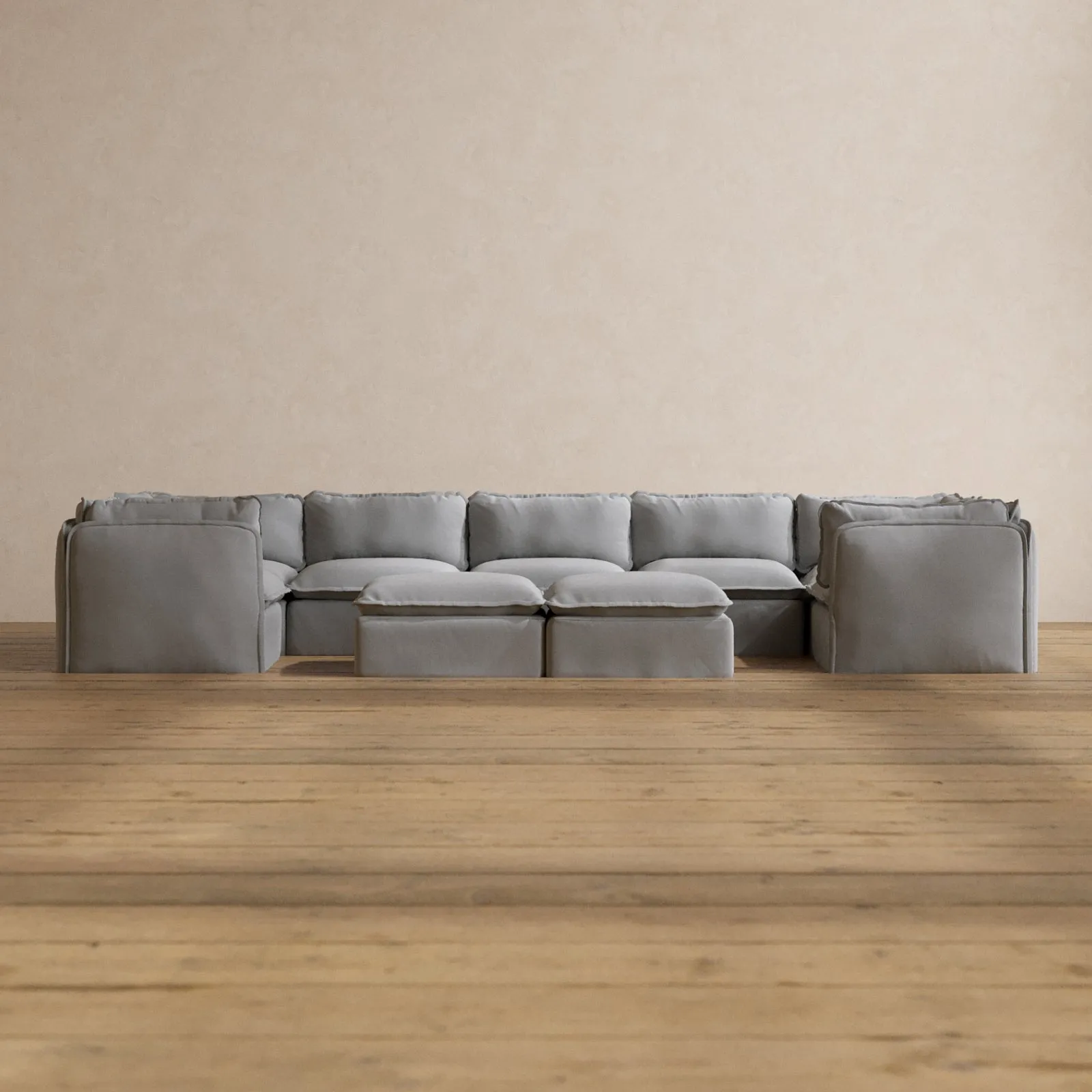 Modular Washable 7-Seater U-Sectional   Bench Ottoman in Pumice | Memorix  Seat | Cloud Pillow
