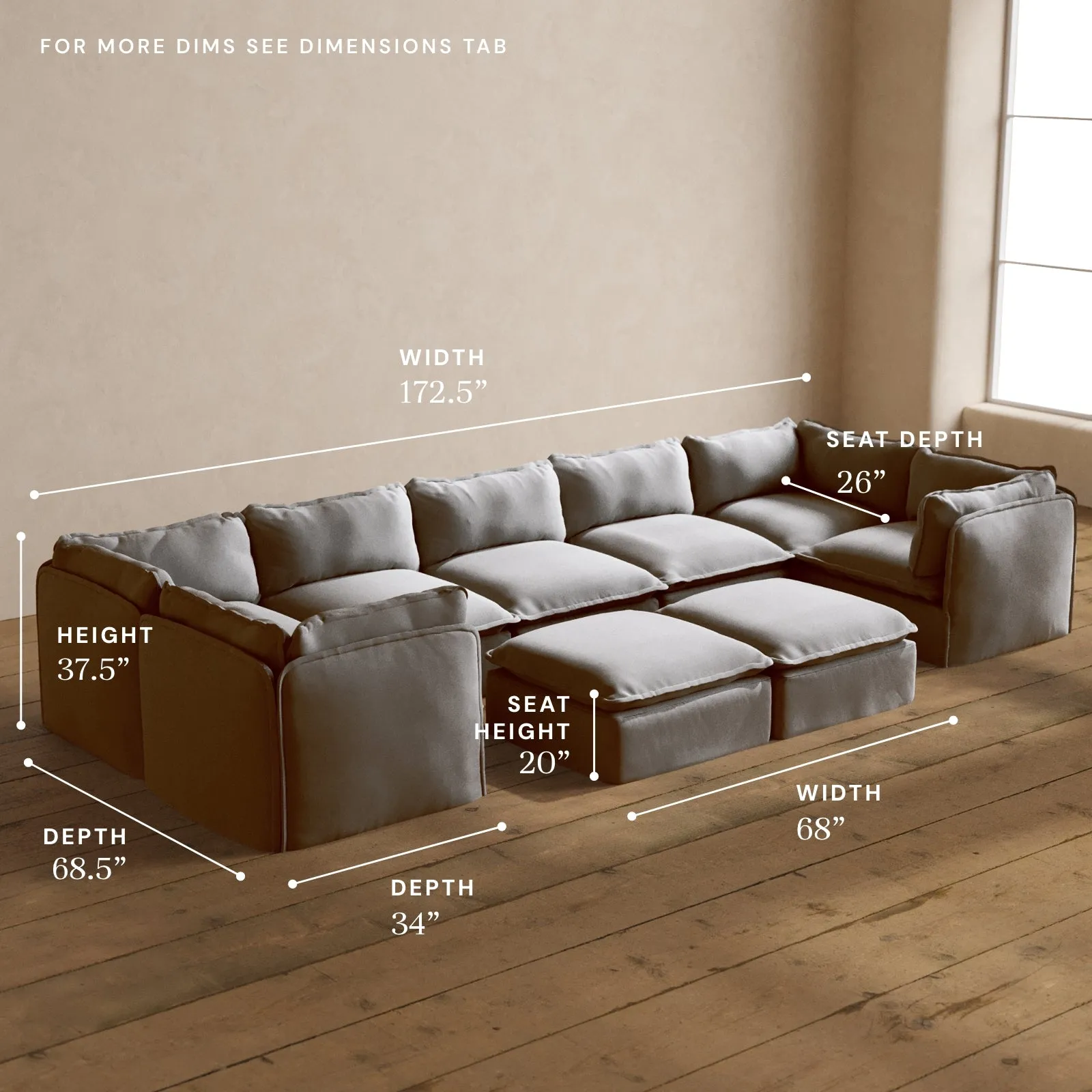 Modular Washable 7-Seater U-Sectional   Bench Ottoman in Pumice | Memorix  Seat | Cloud Pillow