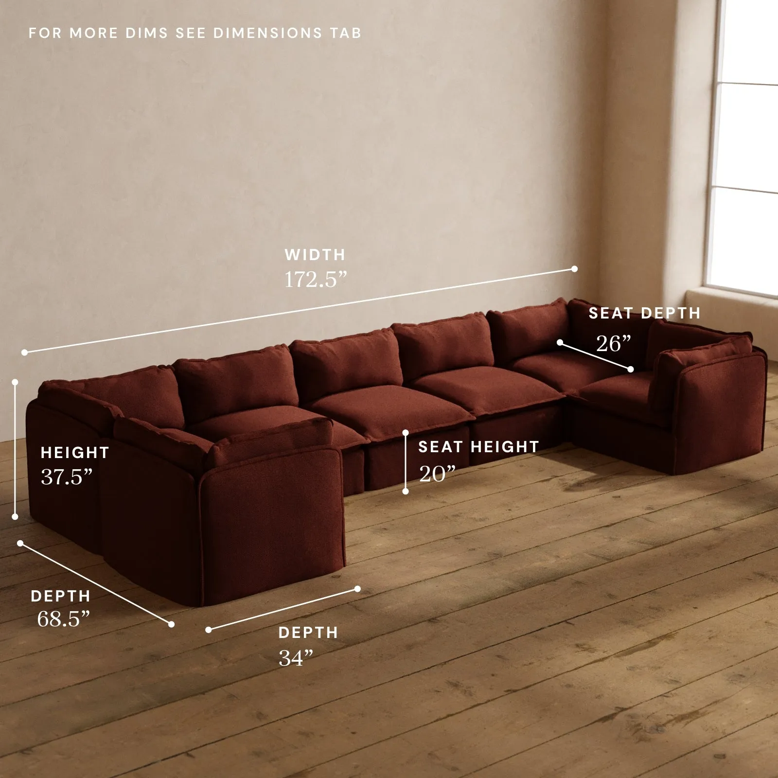Modular Washable 7-Seater U-Sectional in Rust | Memorix  Seat | Cloud Pillow