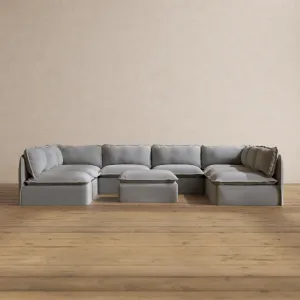 Modular Washable 8-Seater Open-Ends U-Sectional   Ottoman in Pumice | Memorix  Seat | Cloud Pillow