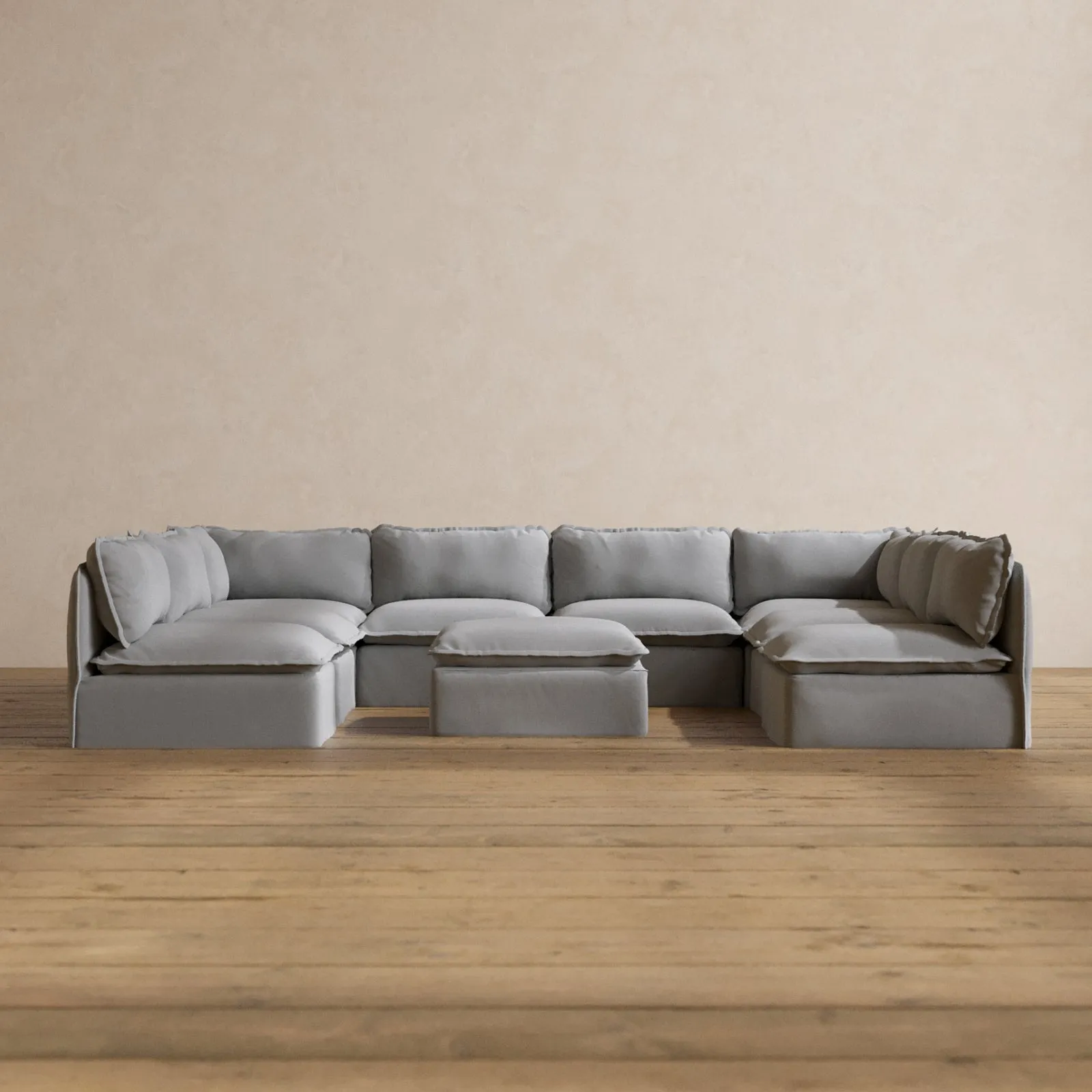 Modular Washable 8-Seater Open-Ends U-Sectional   Ottoman in Pumice | Memorix  Seat | Cloud Pillow