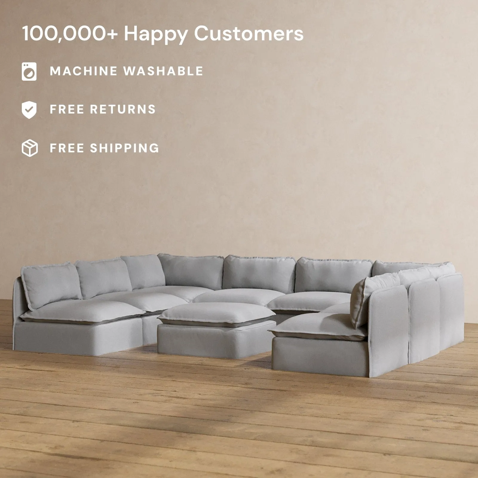 Modular Washable 8-Seater Open-Ends U-Sectional   Ottoman in Pumice | Memorix  Seat | Cloud Pillow
