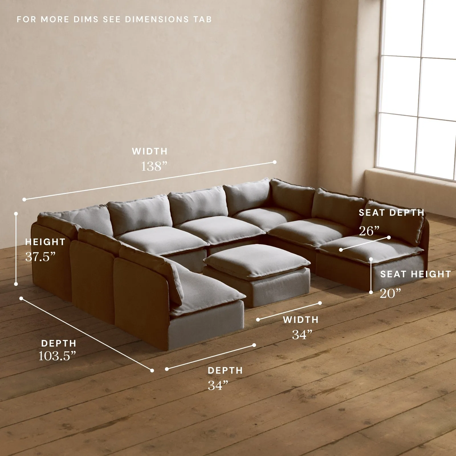 Modular Washable 8-Seater Open-Ends U-Sectional   Ottoman in Pumice | Memorix  Seat | Cloud Pillow
