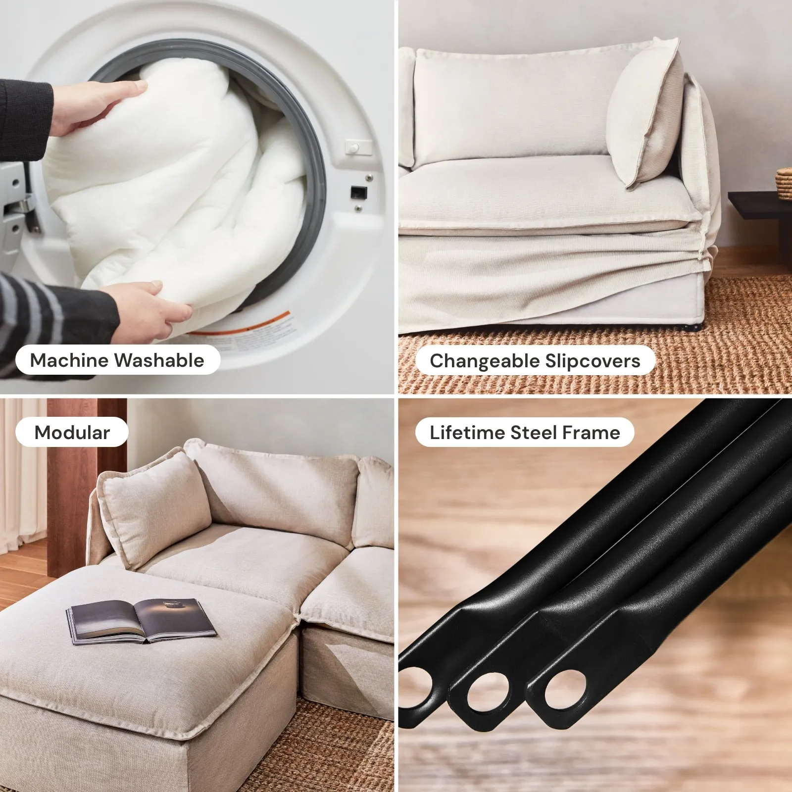Modular Washable 8-Seater Open-Ends U-Sectional   Ottoman in Pumice | Memorix  Seat | Cloud Pillow
