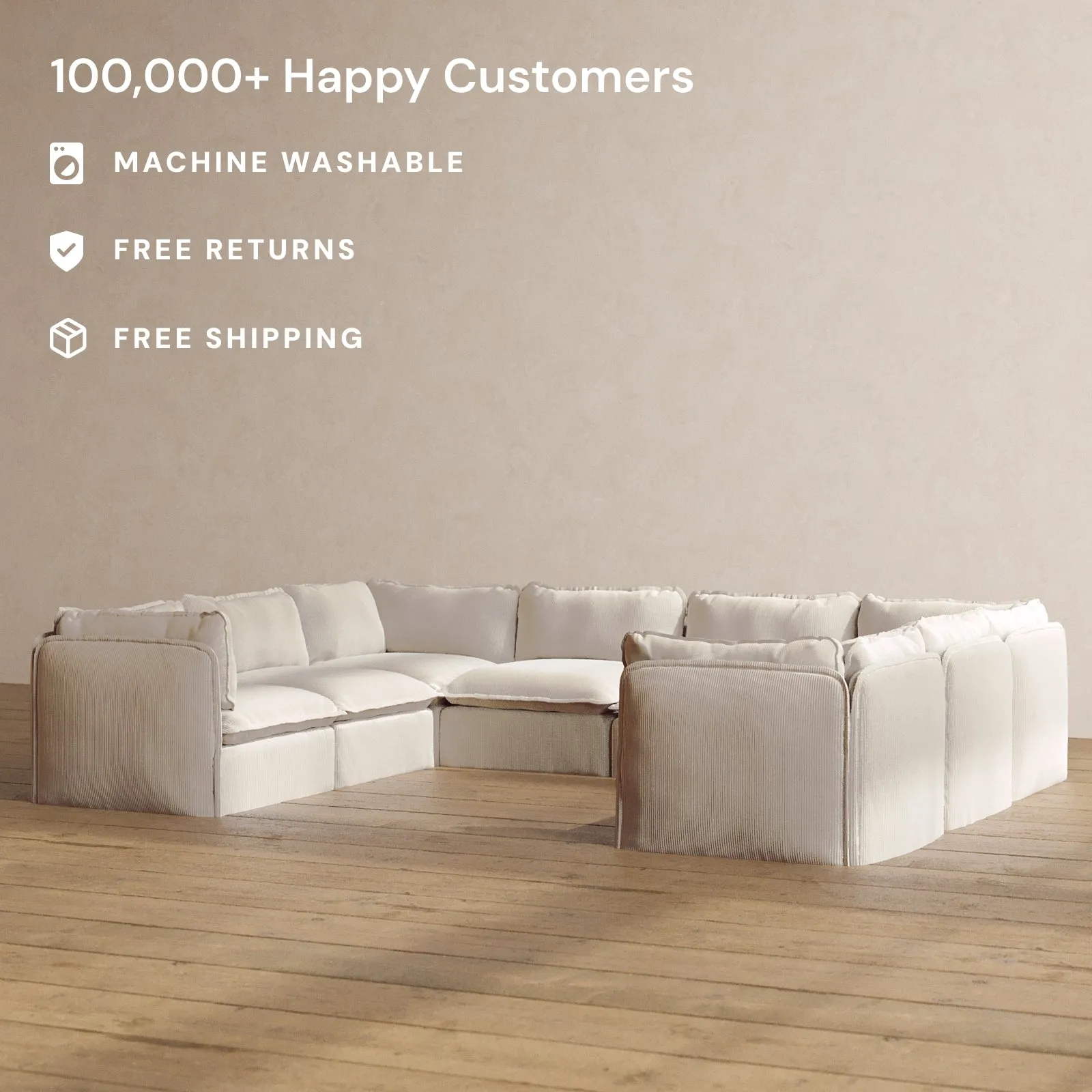 Modular Washable 8-Seater U-Sectional in Milk | Deluxe  Seat | Cloud Pillow