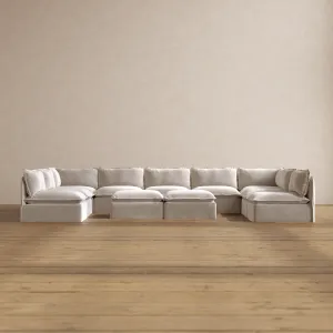 Modular Washable 9-Seater Open-Ends U-Sectional   Bench Ottoman in Mist | Memorix  Seat | Cloud Pillow