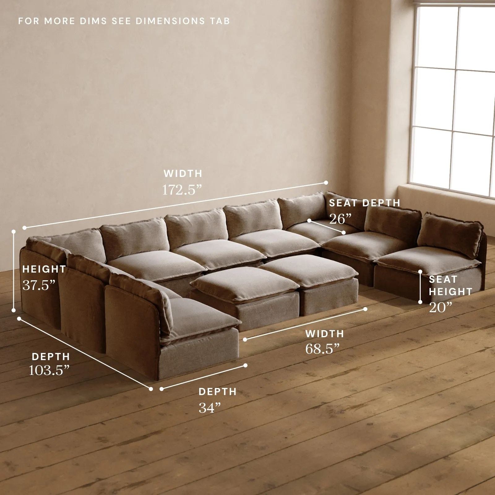 Modular Washable 9-Seater Open-Ends U-Sectional   Bench Ottoman in Mist | Memorix  Seat | Cloud Pillow