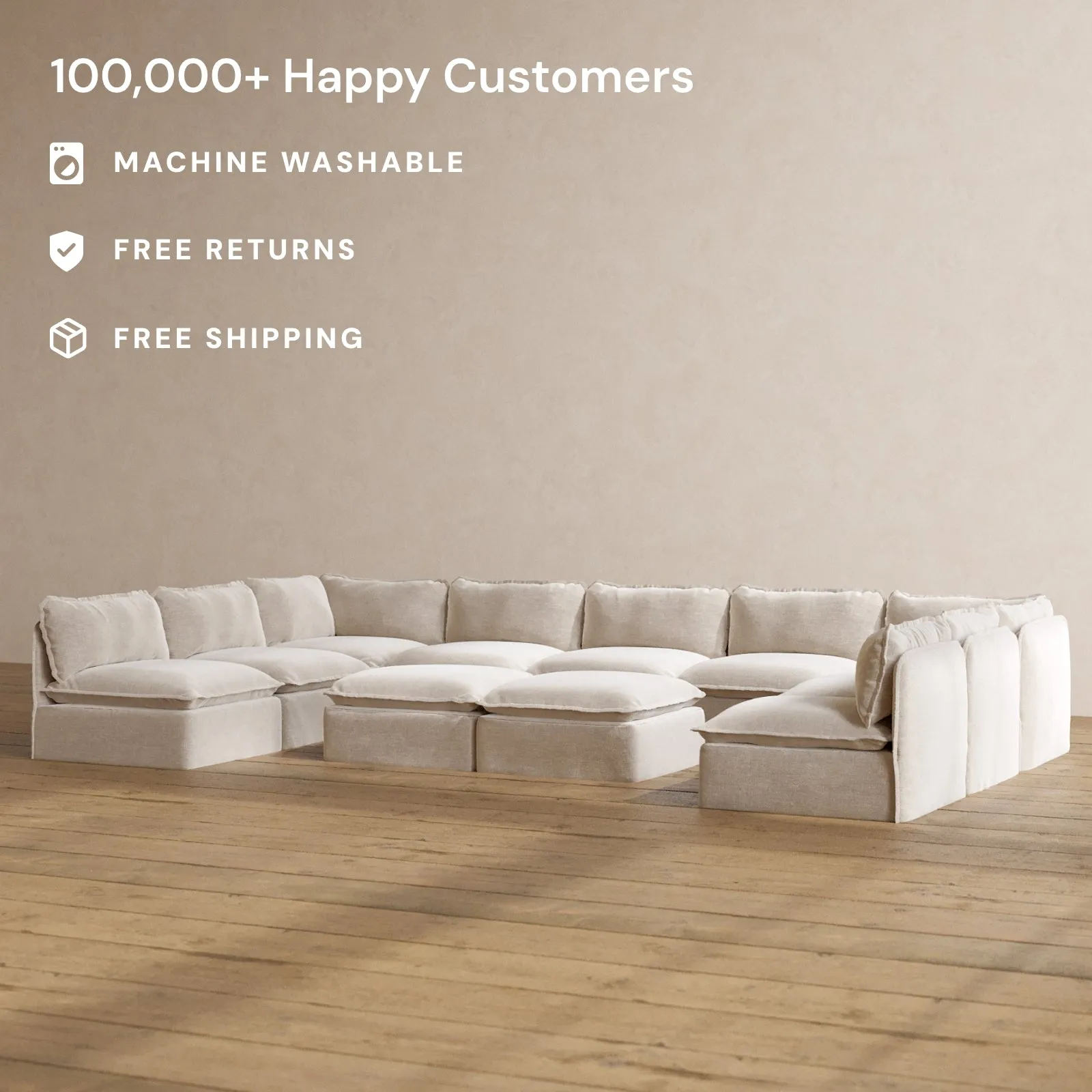 Modular Washable 9-Seater Open-Ends U-Sectional   Bench Ottoman in Mist | Memorix  Seat | Cloud Pillow