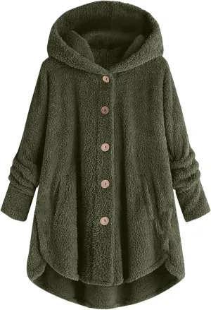 nerohusy Warm Jackets Women Fashion Furry Sherpa Jacket with Hoodie Warm Winter Sherpa Coat Oversized Long Sleeve Outerwear