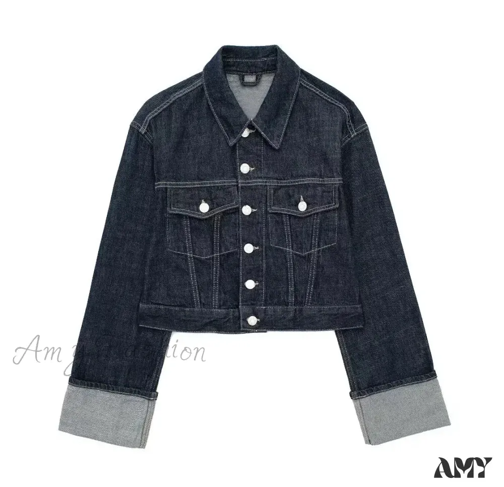 Vintage Single Breasted Lapel Long Sleeve With Pockets Dark Blue High Street Jacket