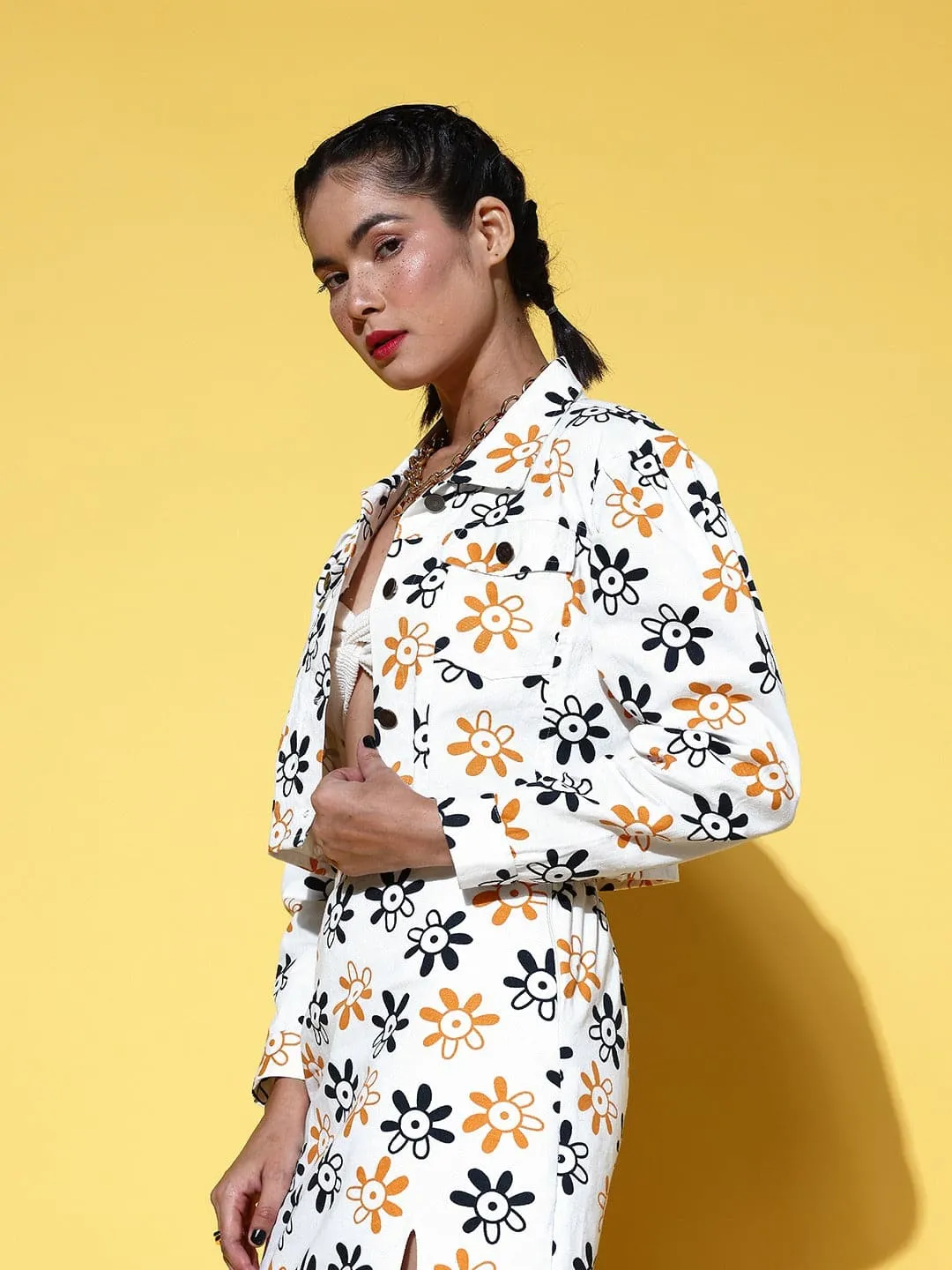 Women White Floral Print Crop Jacket